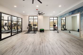 A spacious room with a treadmill, exercise bike, and other workout equipment.